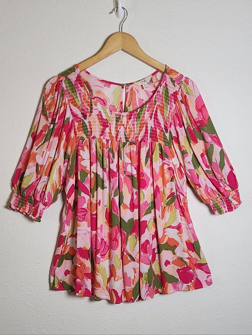 Floral Peasant Blouse Pink Smocked Top Plus Size 1X Boho Cottagecore Tomato Girl